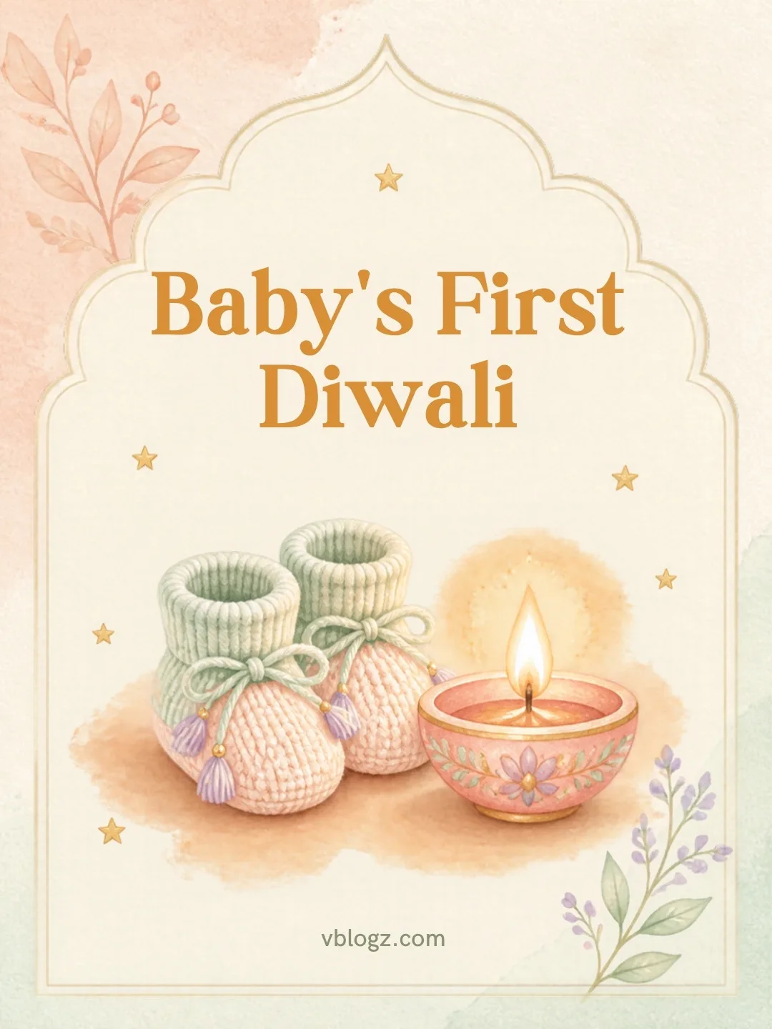 Baby's First Diwali card with knitted baby booties and a small pink diya in pastel colours