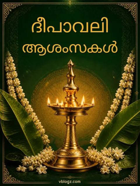 ദീപാവലി ആശംസകൾ Malayalam card with a tall brass nilavilakku, jasmine garlands and banana leaves