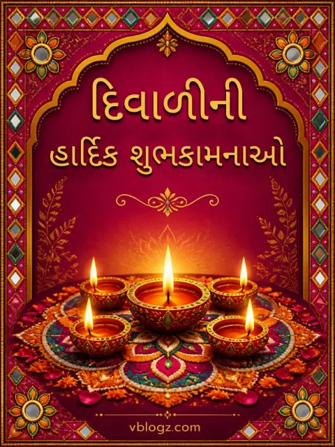 દિવાળીની હાર્દિક શુભકામનાઓ Gujarati card with five diyas on a rangoli and a mirror-work border