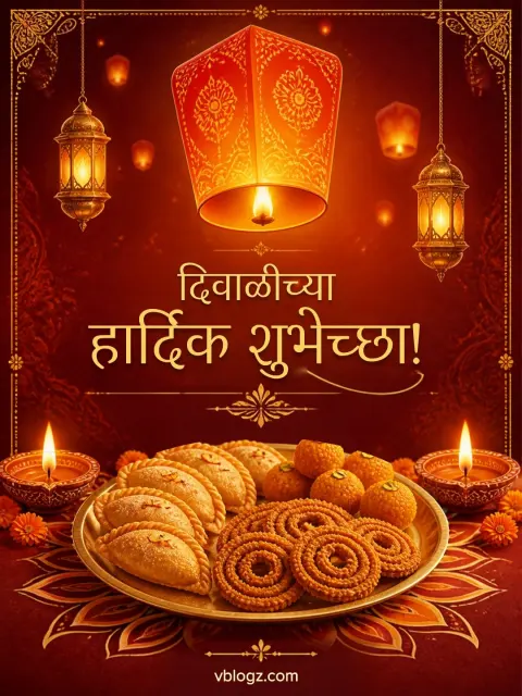 दिवाळीच्या हार्दिक शुभेच्छा Marathi card with an akash kandil lantern and a plate of karanji, chakli and ladoo