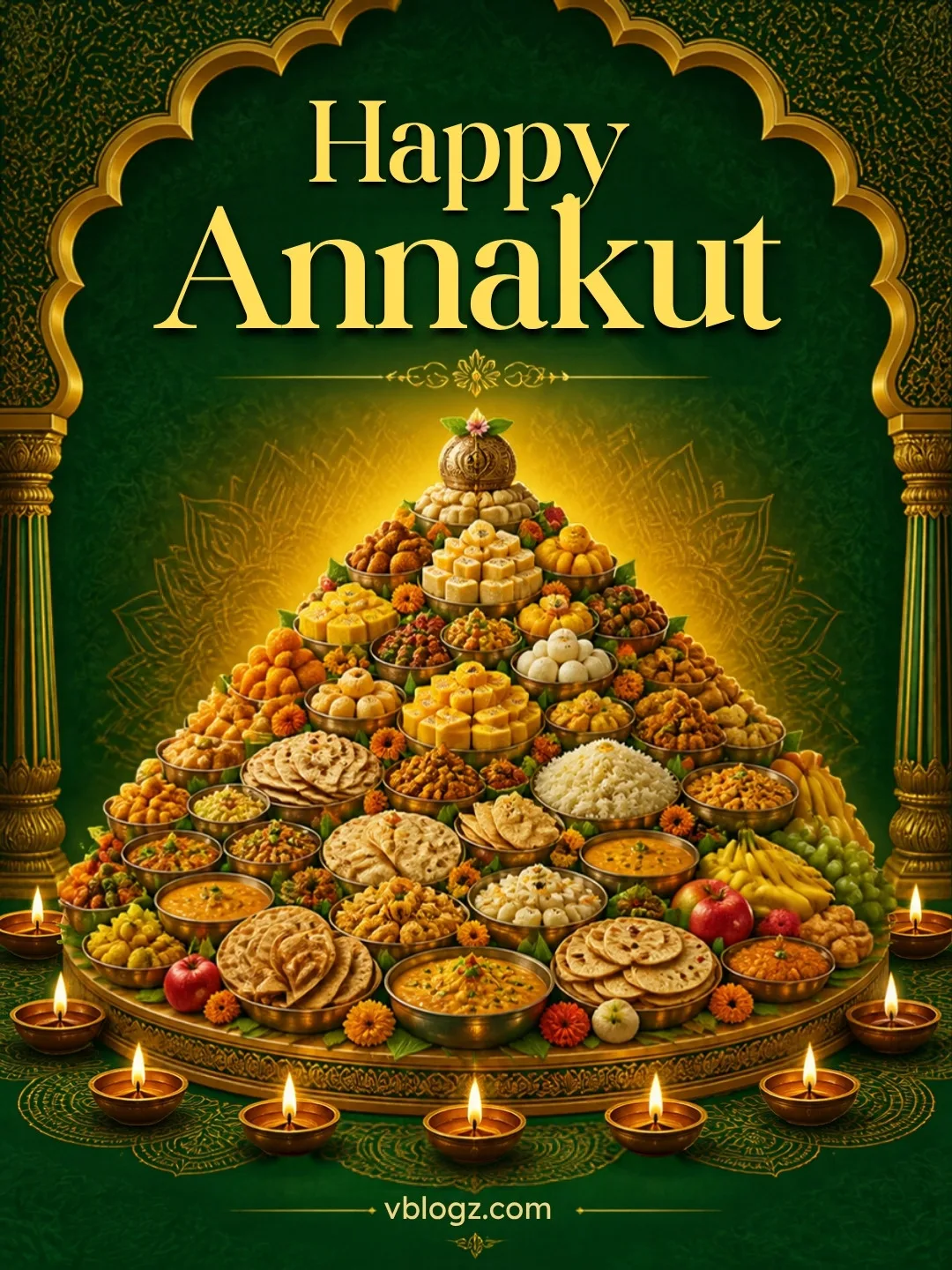Happy Annakut card with a hill-shaped mound of food offerings surrounded by diyas