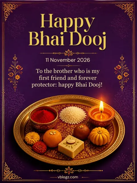 Bhai Dooj puja thali with roli, rice, diya and sweets on a purple floral background