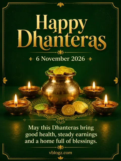 Gold coins, brass kalash and diyas on green for Happy Dhanteras 2026