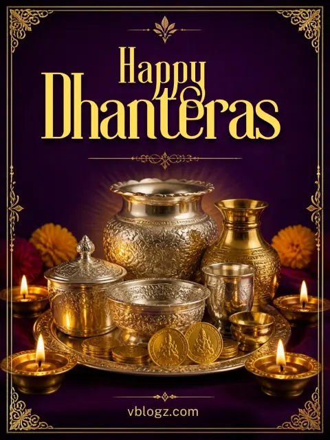 Happy Dhanteras card with silver and brass utensils, gold coins and diyas on purple