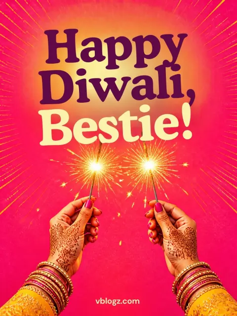 Happy Diwali Bestie card with two hennaed hands holding sparklers on bright pink