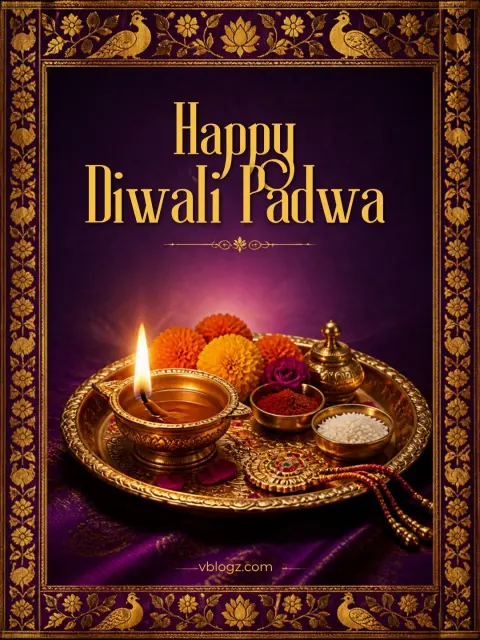 Happy Diwali Padwa card with a brass aarti thali, diya and marigolds inside a paithani-style border
