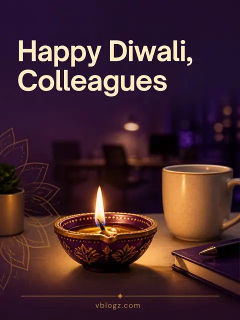 Happy Diwali Colleagues card with a purple diya and a coffee mug on an office desk
