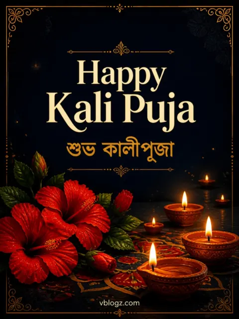 Happy Kali Puja card with শুভ কালীপূজা text, red hibiscus flowers and clay diyas at night