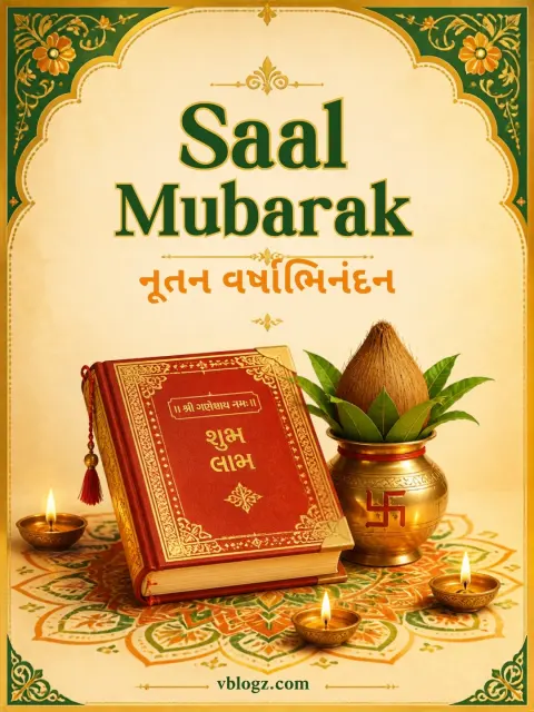 Saal Mubarak નૂતન વર્ષાભિનંદન card with a red chopda account book, kalash and diyas on a rangoli