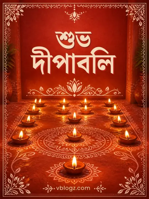 শুভ দীপাবলি Bengali card with rows of earthen prodip lamps and white alpana patterns on red